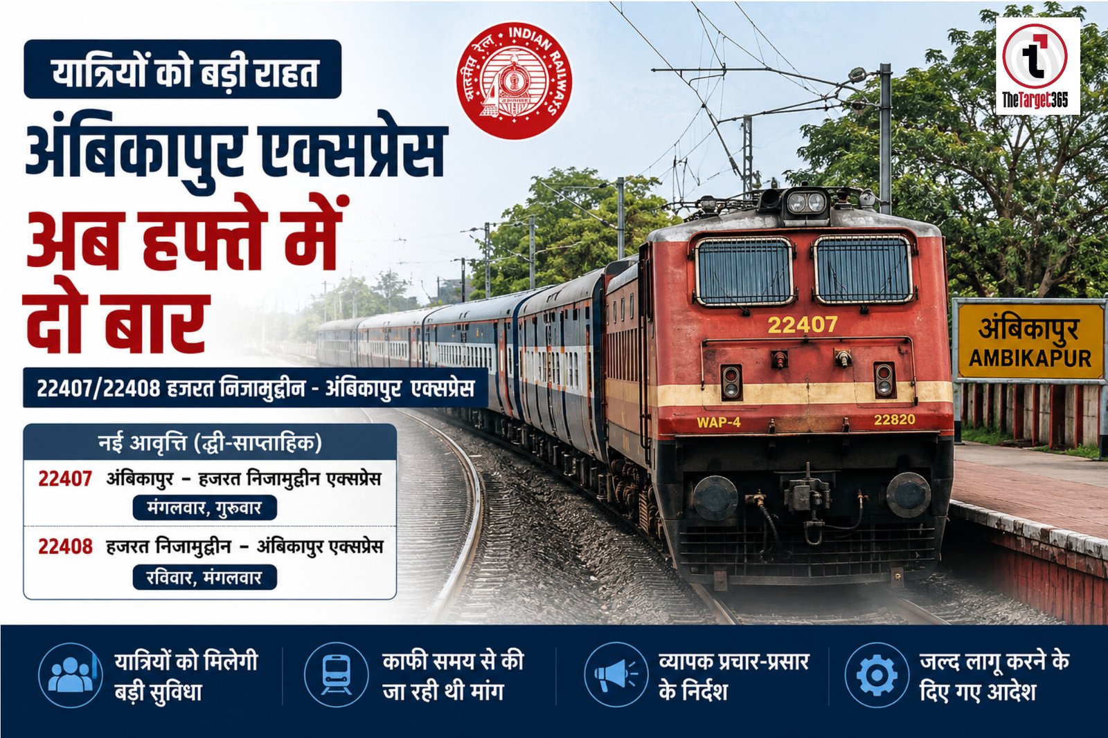 Big gift to the people of Ambikapur : हजरत निजामुद्दीन–अंबिकापुर एक्सप्रेस अब सप्ताह में दो दिन चलेगी