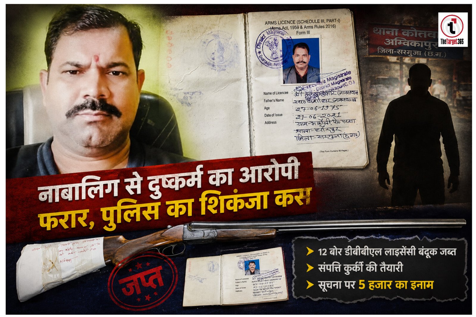Ambikapur News : नाबालिग से दुष्कर्म के आरोपी पर सरगुजा पुलिस की सख्ती, लाइसेंसी बंदूक जब्त; संपत्ति कुर्की की तैयारी
